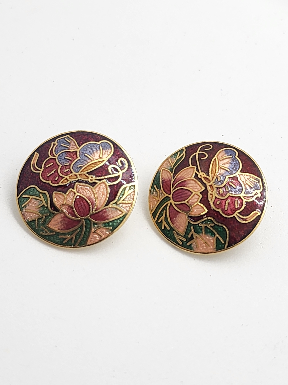 Round Cloisonné Floral Earrings in Burgundy and Gold-Tone